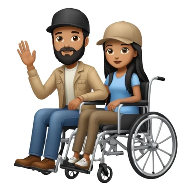 Tan skinned man with a beard and fitted cap in a wheelchair and a brown skinned woman with long black hair in a wheelchair sticker