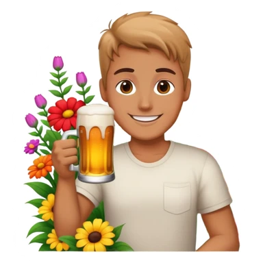 Happy with pile of flower infront and a beer sticker