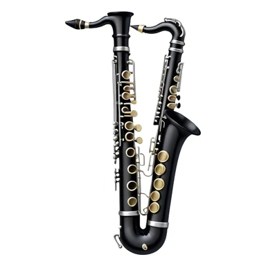 Create a sleek and professional emoji representing a black standard clarinet. The design should feature a smooth, glossy black body of the clarinet with shiny, silver keys clearly visible. Highlight the intricate details of the mouthpiece and reed at the top, while the body of the instrument should remain simple and elegant. Add subtle musical notes or soundwaves floating around the instrument to symbolize its clear, melodic sound. Use black for the body, silver for the keys, and soft lighting effects to give the instrument a polished, sophisticated look. The background should be transparent. sticker