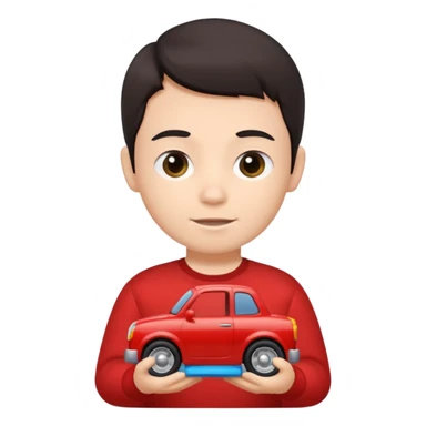 dark haired red wearing kid with toy sticker