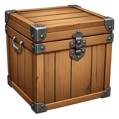 wooden box emoji, square box with wood texture, metal brackets on corners, vivid highlights sticker