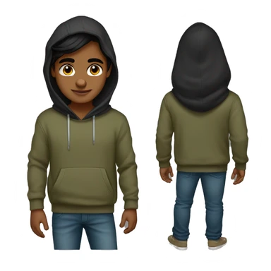 India boy middle parting black long hair dark hazel eyes hoodie with hood down olive skin sticker