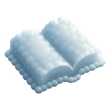 top view of a thick open book made entirely of small, very bright white fluffy convex clouds, matte glass style sticker