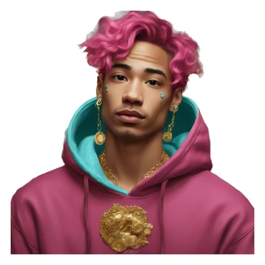 Vintage painting swirls gold jewellery baroque raven wings angel tropical Deep pink maroon burgundy cyan dark hoodie man vitiligo dyed hair gold piercings nose piercing ear piercings sticker