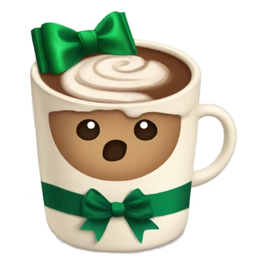 A beige cup of hot chocolate with a deep green bow around the cut  sticker