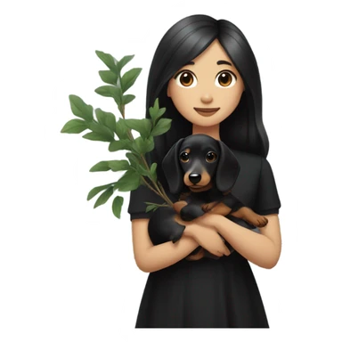 an Asian girl with long hair, wear black dress, hugging a black and tan long haired dachshund with a branch in its mouth sticker