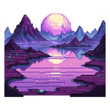 Alien planet with purple sky and glowing rivers in pixel art style. sticker