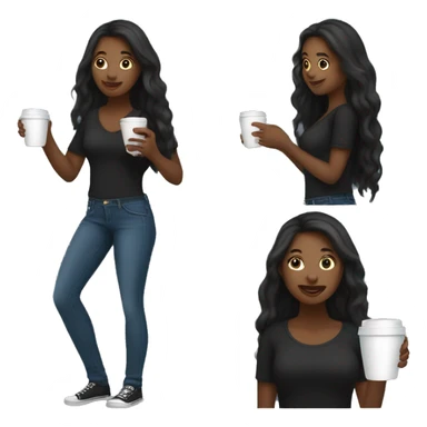 Black female with long hair talking on cellphone and holding a coffee wearing black shirt and jeans full length  sticker