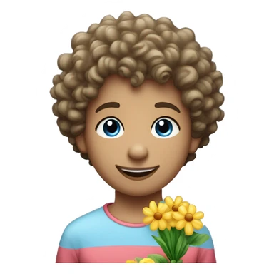 A curly haired short haired youngster with big lips and straight nose and blue eyes. He is holding a bouqet of flowers and smiling sticker