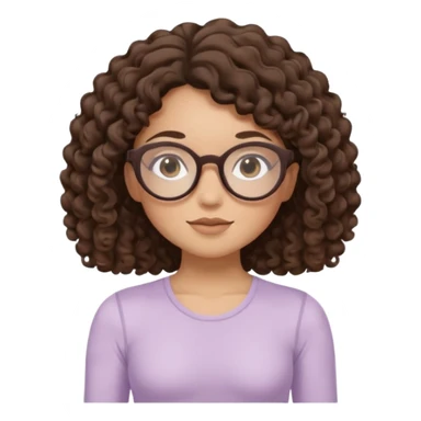 Memoji-style illustrated girl with dark brown curly hair, round glasses, large brown eyes, soft rounded face, warm beige skin tone, wearing neutral Pilates activewear, calm wellness aesthetic, pastel colors, sticker-style digital illustration, smooth shading, white outline. sticker