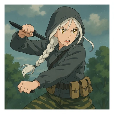 1 female, mid-20's  white hair long braid, gold yellow eyes, gray rainproof hoodie, hood up, single point sling, tan mag pouches on belt rig, tiger stripe camo pants, holding a combat blade, striking, swing sticker