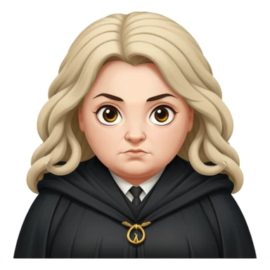 Alecto Carrow in harry potter, a woman fat, knot tied hair, look evil, black cloak sticker