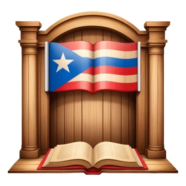 Timeless book icon with Puerto Rican flag design, wooden theater stage symbol, warm parchment and wood textures, gentle luminous aura, representing the history of Puerto Rican scenic design legacy sticker