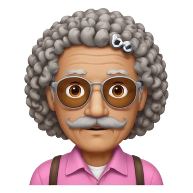 old guy with very curly hair and brown shades and big  pink mustache sticker