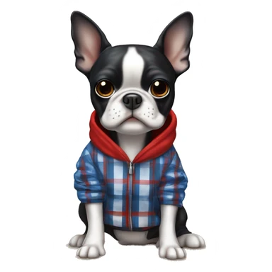 Boston terrier in a blue white red plaid hoodie ￼ sticker