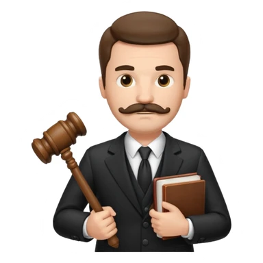 Create a male lawyer. he is wearing a fromal suit jckeret. He is holding a gavel in one hand and a book tucked under his another arm. He has a mustache and BEARD both! sticker