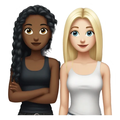 A girl with black hair and hazel eyes wearing a black tank top with her best friend who has straight blonde hair and dark blue eyes and is wearing black sticker