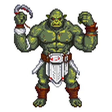 orc male Belt of defeated "Pesky Sand Crab" claws, flexing with a net full of loot. sticker