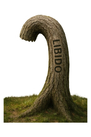 Realistic, vertical 4K illustration: a hyperrealistic tree trunk in a forest setting, noticeably bent, drooping, or wilted instead of standing upright. The bark is textured and detailed WITH THE WORD "LIBIDO" PRINTED ON IT, with subtle cracks and faded colors suggesting loss of vitality. Soft, natural light filters through the surrounding trees, casting gentle shadows. The scene is quiet and contemplative, with the trunk’s unusual, slumped posture symbolizing a decline in male libido. The background is lush and detailed, but the focus remains on the central, softened trunk, evoking a sense of vulnerability and introspection. sticker