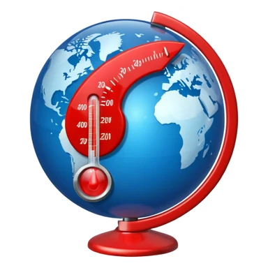 Blue Earth sphere, tilted. Prominent, oversized, fiery red thermometer/gauge, embedded. Indicator peaking 'danger' zone sticker