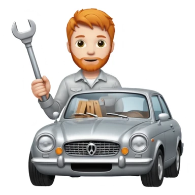 Ginger man standing next to silver car holding a spanner  sticker