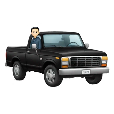 A man with pale skin and black hair, sitting on top of a black Ford car sticker