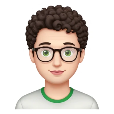 Young man with dark brown curlier poofy hair (same style but more curls), green eyes wearing glasses, wide face with eyes set apart, bigger ears, very pale skin, slightly bigger nose, fuller darker pink lips with a smile, and very light stubble sticker