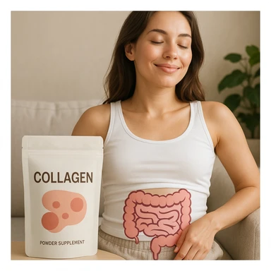 realistic image of a woman with a healthy intestine, benefits of collagen, relaxed posture, glowing skin, positive atmosphere, collagen package in the foreground sticker