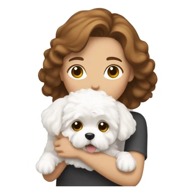 a brown-haired woman hugging white maltipoo sticker