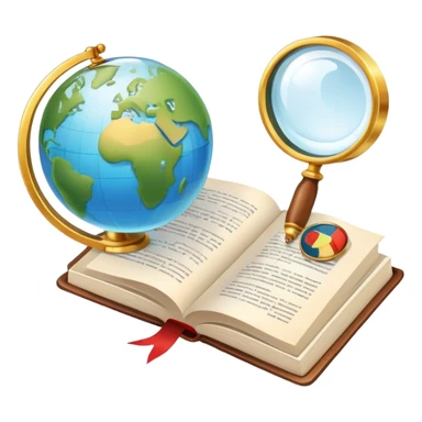 An icon featuring an open book, a speech bubble, and a magnifying glass, symbolizing philology and linguistics. The design includes language symbols, a globe, and alphabet letters, representing the study of languages and their structures. Transparent background  sticker