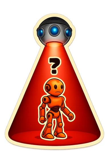 new character...robot being hit with a red beam by a flying robot sticker