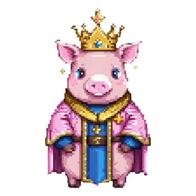Pink pig character with gold crown and royal robe, Technoblade sticker