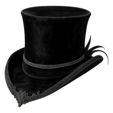 top hat in aristocrat goth style, black velvet, silver trim, dramatic flair sticker