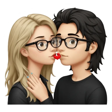  garçon avec les cheveux brun très clair ébouriffés, qui embrasse une fille avec les cheveux noir long qui a des traits d’eye-liner, des lunettes noir et un piercing au nez sticker