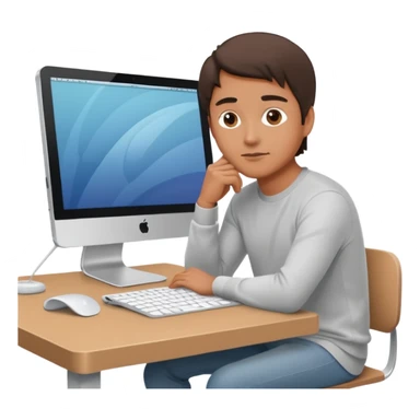 emoji of a man sitting at the table with an imac on it, a man sits in a very thoughtful pose sticker