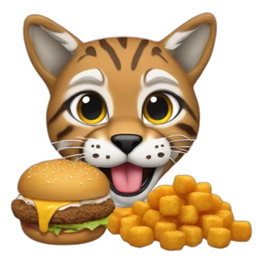 Bobcat eating a cheeseburger with a side of tater tots sticker