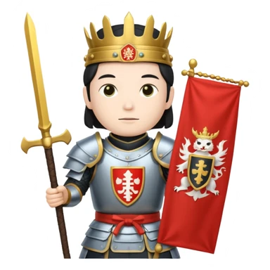 Japanese Castle Lord, Lord standing before a Japanese castle backdrop, holding a banner with family crest. sticker