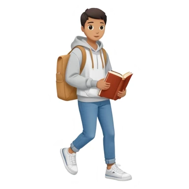 A flat-style illustration of a college student casually with a tote bag over the shoulder and a book in one hand. The student wears a hoodie, jeans, and sneakers. Clean cartoon style, white background, iOS emoji aesthetic. sticker