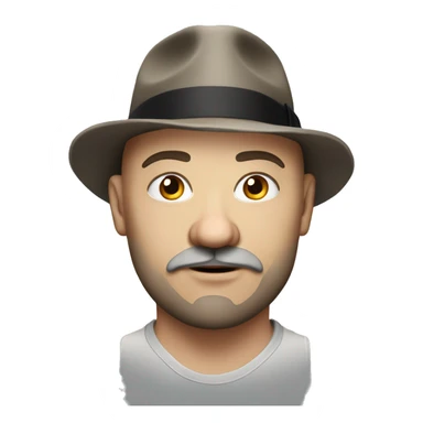 Photorealistic, realistic serious A plump bald man of Slavic appearance with a goatee beard and mustache, wearing a fedora hat, big details sticker