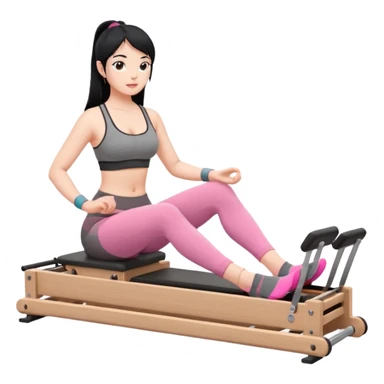 Create a Pilates emoji: a girl with fair skin and black hair, wearing a grey bra and grey leggings with pink pilates socks, doing sitted stomach massage on a wooden reformer. Make it look at the reformer. Make the colors neutrals. sticker