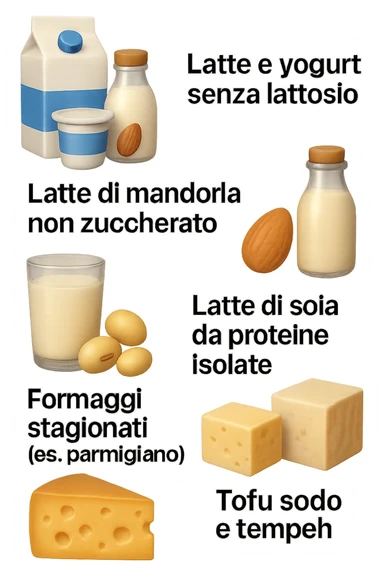 emoji stile iphone 3d di questi elementi che fluttuano in aria:

Latte e yogurt delattosati
Latte di mandorla (non zuccherato)
Latte di soia da proteine isolate
Formaggi stagionati (es. parmigiano)
Tofu compatto e tempeh
 che fluttuano in aria,  le etichette scrivile in italiano, iperealistico 4k sticker