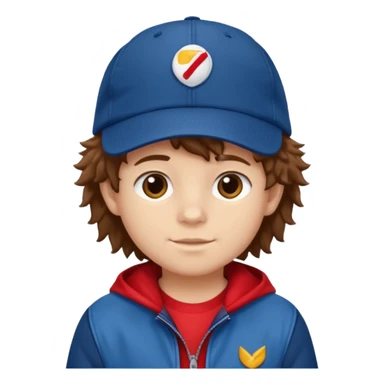brown fluffy hair kid with blue and white cap dark blue jilet red t shirt sticker