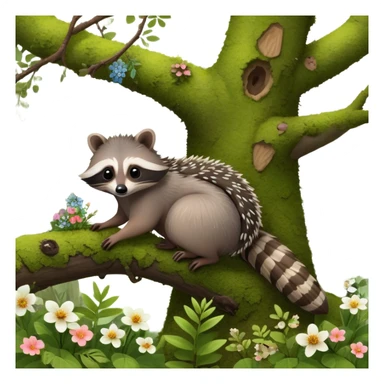 Collage of an exotic raccoon and a hedgehog, both curiously exploring a forest setting with moss and small flowers. The raccoon is perched on a tree branch, and the hedgehog is nestled in the underbrush. Vibrant nature backdrop. Transparent background. sticker