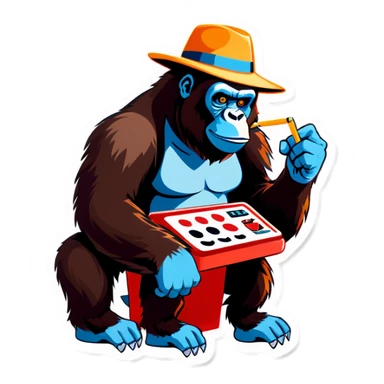Gorilla playing slot machines with a straw hat sticker