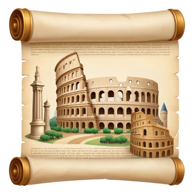 An icon featuring an ancient scroll, surrounded by famous historical landmarks and statues of notable figures, like the Colosseum or Napoleon. The design symbolizes the exploration of history through monuments and people. Transparent background highlights the pas sticker