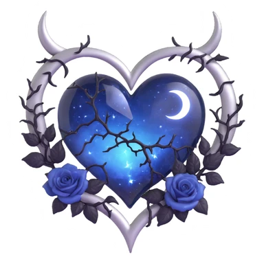 gothic heart, midnight blue glass, silver crescent moon, black roses, stardust, lightning, rain, cracked glass, grunge style sticker