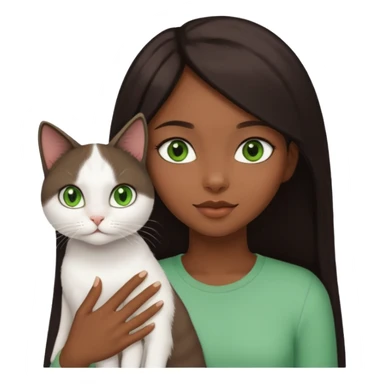 black girl with straight long dark brown hair with a side part holding a female white cat with green eyes sticker