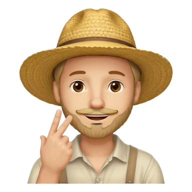 “A single emoji-style character combining 👨‍🌾😄 and 🤔: a smiling farmer man with a straw hat, friendly face, and light beard, holding one hand under his chin in a thinking gesture. His index finger rests under his face, eyes looking slightly upward as if thinking.  sticker