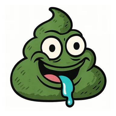 Make this green, goopy AI slop emoji look more like the classic poop emoji shape, but keep the green color and goopy, slimy texture. Add a mischievous, silly face in the style of Pepe the Frog meme. sticker