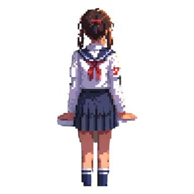 Japanese schoolgirl in uniform standing in a classroom with sunset light, hands at sides, one empty desk, looking out window, emotional atmosphere sticker